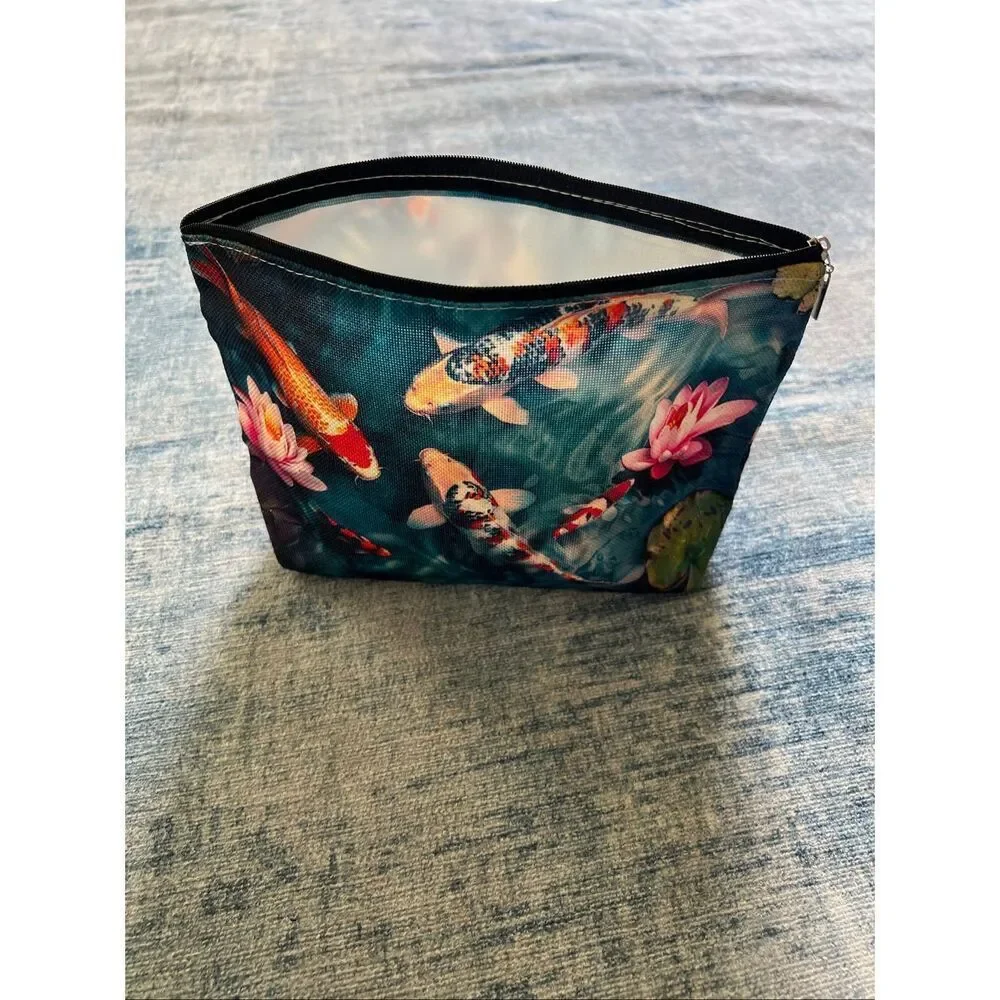 Japanese Koi Fish Flower Cotton Canvas Small Makeup Bag Travel Toiletry Pouch